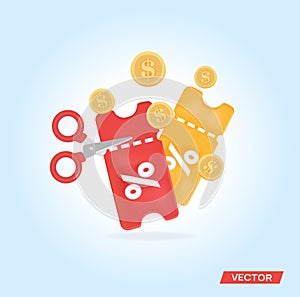 Scissors cut coupon. Falling anets in the background.